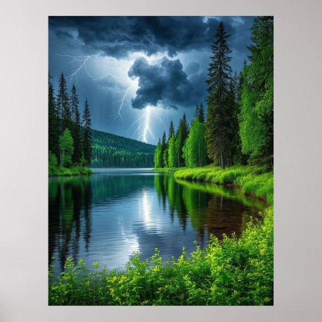 Dramatic Lightning Strikes Over a Serene Forest Poster (Front)