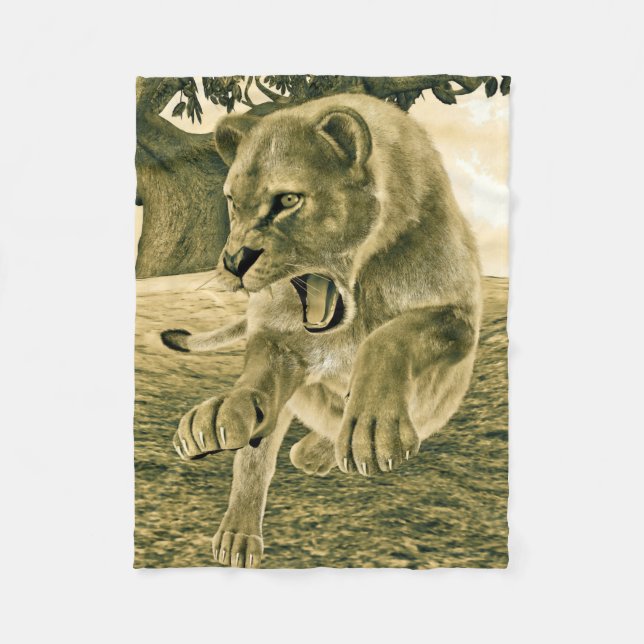 Dramatic Lioness Safari Wildlife Art Fleece Blanket (Front)
