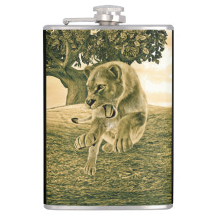 Dramatic Lioness Safari Wildlife Art Hip Flask