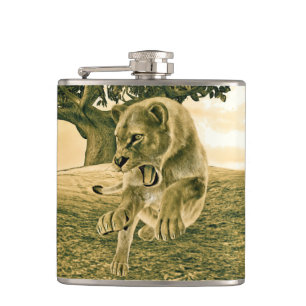 Dramatic Lioness Safari Wildlife Art Hip Flask