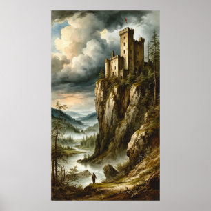 🏰🌫️ Dramatic Mediaeval Cliff Castle Stormscape � Poster