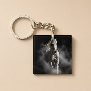 Dramatic Midnight White Stallion Key Ring