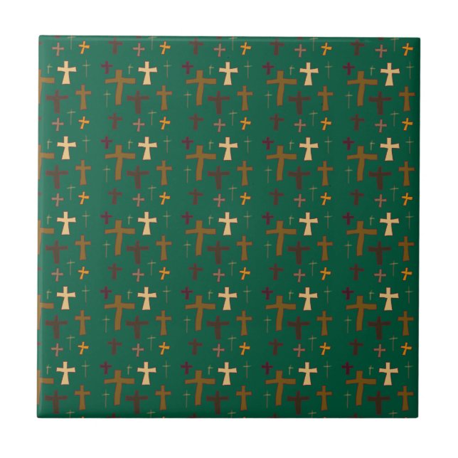 Dramatic Multicolored Christian Crosses on Green Tile (Front)