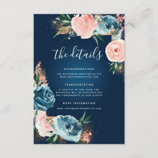 Dramatic Navy Blue and Blush Floral Boho Glitter Enclosure Card