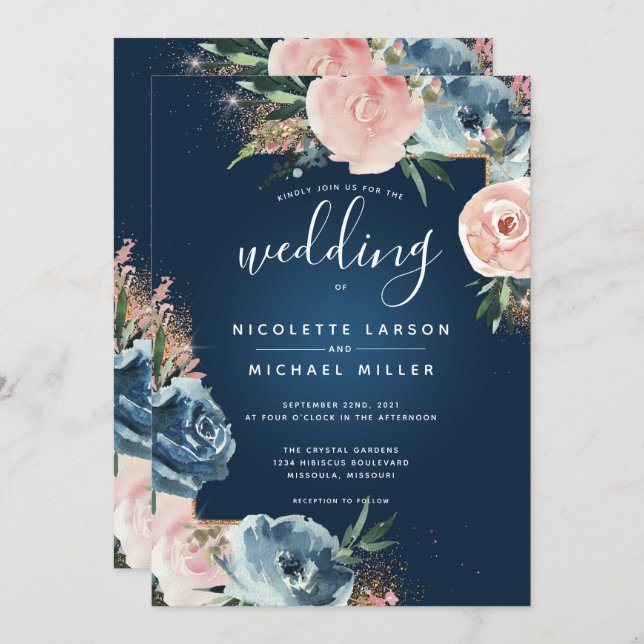 Dramatic Navy Blue and Blush Floral Boho Glitter Invitation (Front/Back)