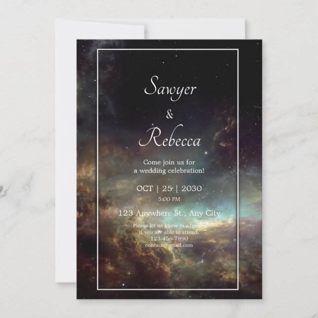 Dramatic Nebula Copper Teal Starry Night Wedding Invitation (Front)