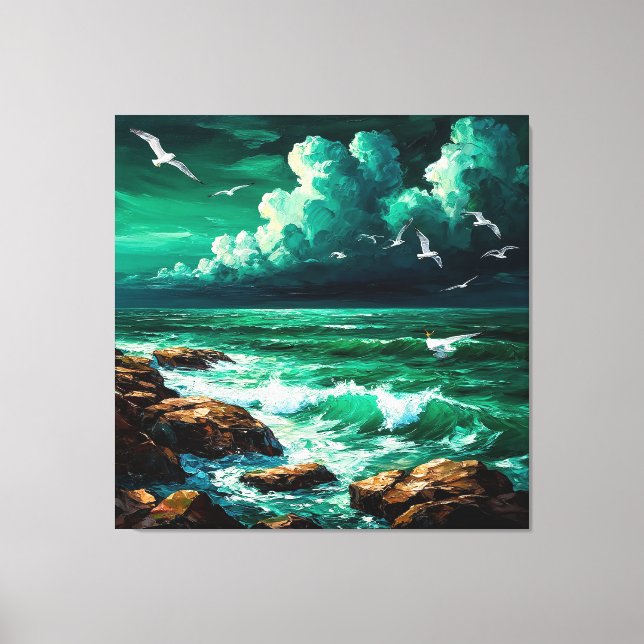 Dramatic Ocean Scene With Seagulls and Waves Canvas Print (Front)