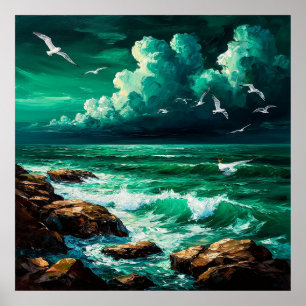 Dramatic Ocean Scene With Seagulls and Waves Poster
