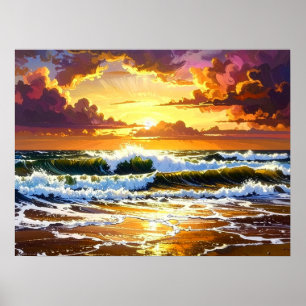 Dramatic Ocean Waves on the Beach Sunset Art Poster