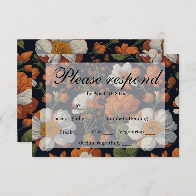 Dramatic Orange white elegant retro flowers RSVP Card (Front/Back)