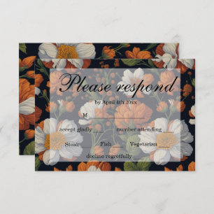 Dramatic Orange white elegant retro flowers RSVP Card