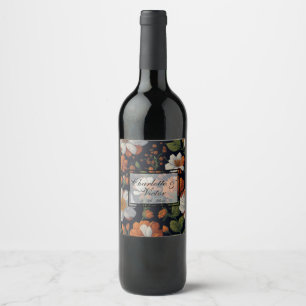 Dramatic Orange white elegant retro flowers Wine Label