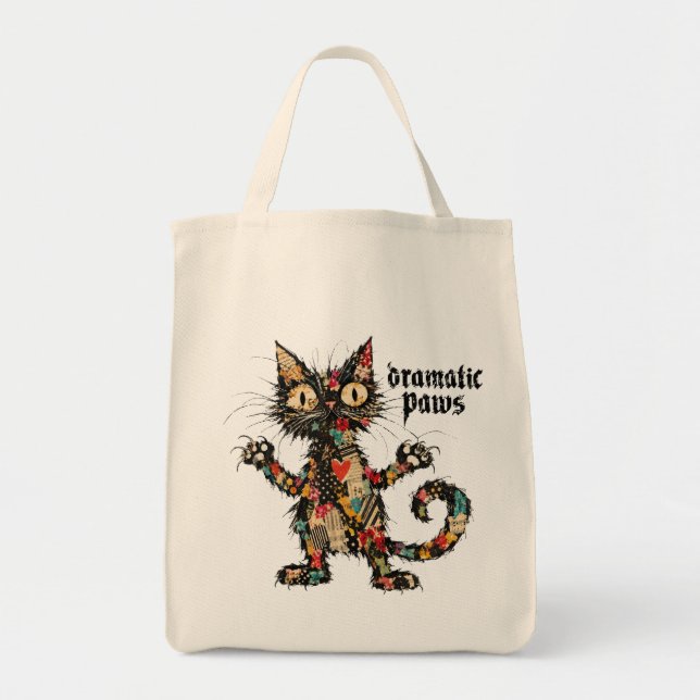 Dramatic Paws Funny Black Cat Art Tote Bag (Front)