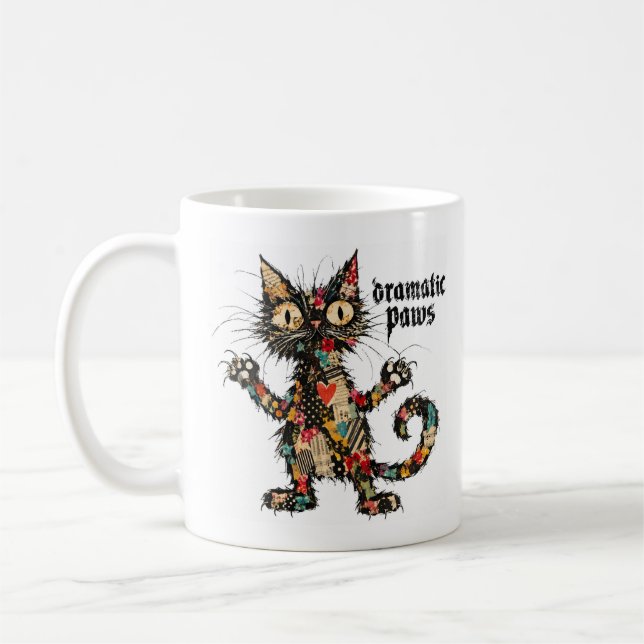 Dramatic Paws Funny Black Cat Coffee Mug (Left)