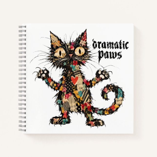 Dramatic Paws Funny Black Cat Spiral Journal (Front)