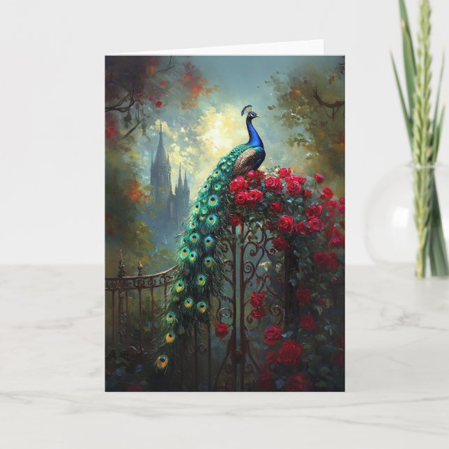 Dramatic Peacock Red Roses Gothic Card (Front)