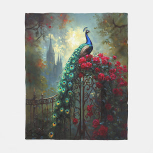 Dramatic Peacock Red Roses Gothic Fleece Blanket