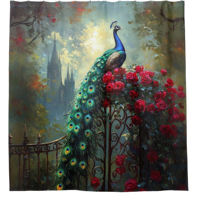 Dramatic Peacock Red Roses Gothic Shower Curtain (Front)