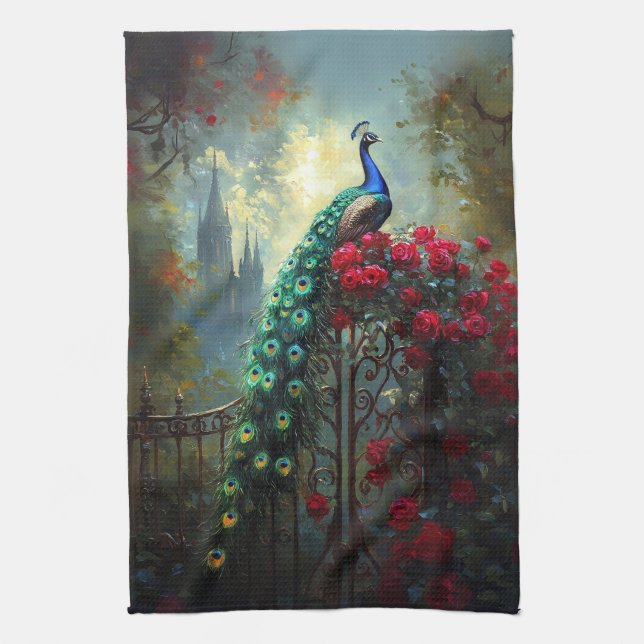 Dramatic Peacock Red Roses Gothic Tea Towel (Vertical)