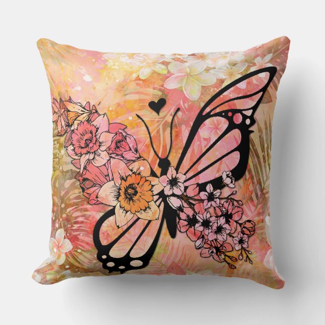 Dramatic Pink Butterfly Illustration Cushion (Front)