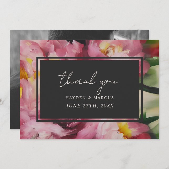 Dramatic Pink Floral Wedding Photo Thank You (Front/Back)