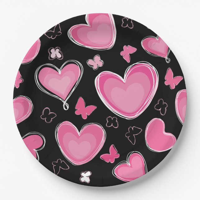 Dramatic Pink Heart & Butterflies Paper Plate (Front)