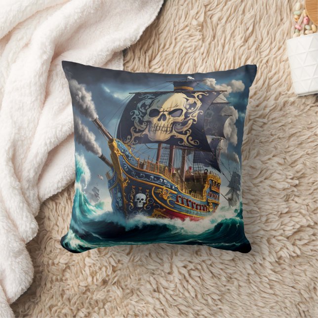 Dramatic Pirate Ship Battling Rough Seas at Dusk Cushion (Blanket)