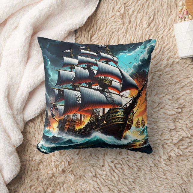 Dramatic Pirate Ship Sailing Into Stormy Waters Cushion (Blanket)