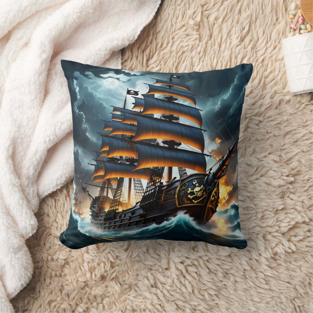 Dramatic Pirate Ship Sailing Through Stormy Seas Cushion (Blanket)