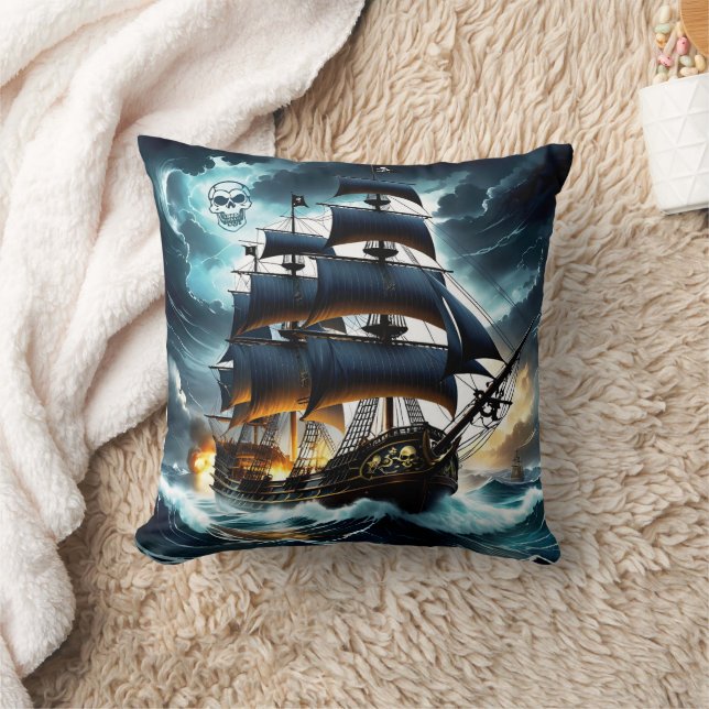Dramatic Pirate Ship Sails Through Stormy Seas Cushion (Blanket)