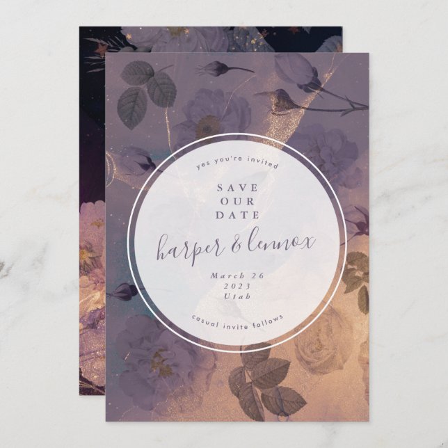 Dramatic Purple Floral Fall Circle Photo Save The Date (Front/Back)