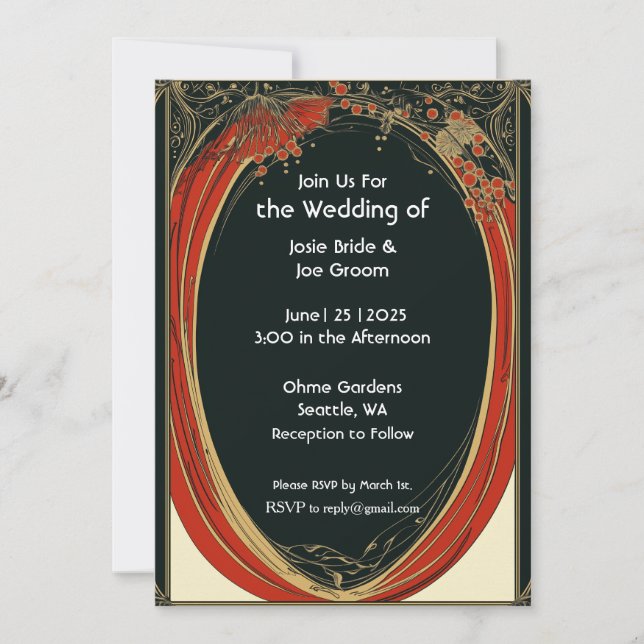 Dramatic red art nouveau wedding invitation (Front)