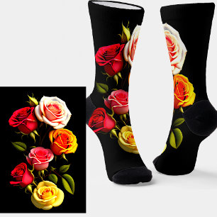 Dramatic Red Pink Yellow Roses on Black Socks