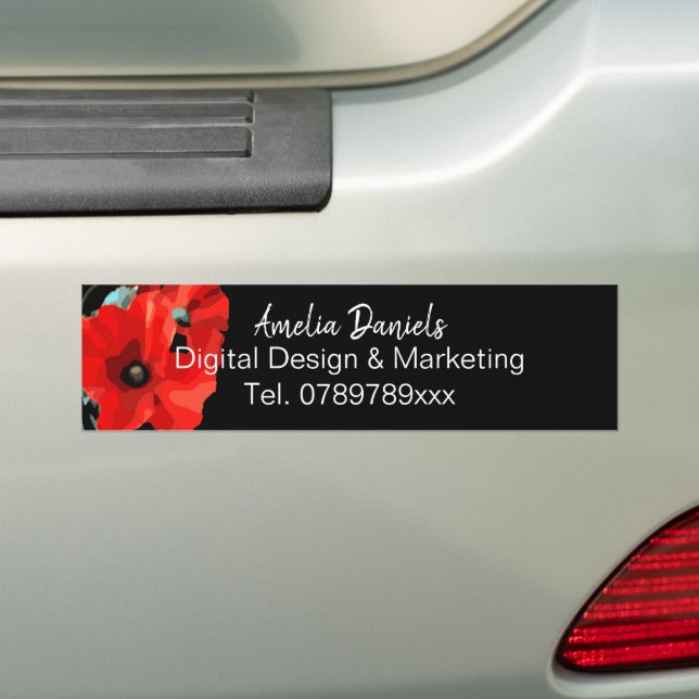 Dramatic Red Poppy on Black Monogram Business Bumper Sticker (On Car)