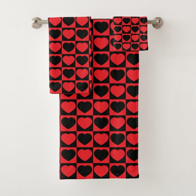 Dramatic & Romantic Red Black Hearts Chequerboard Bath Towel Set (Insitu)