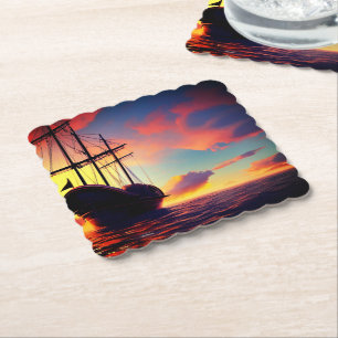 Dramatic Sailing Ship Sunset Paper Coaster