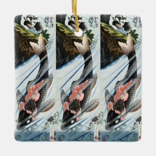 Dramatic Samurai Boy and Giant Fish Oriental Art Ceramic Ornament