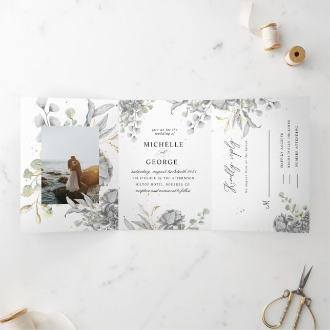 dramatic silver floral tri fold wedding invitation (Inside)