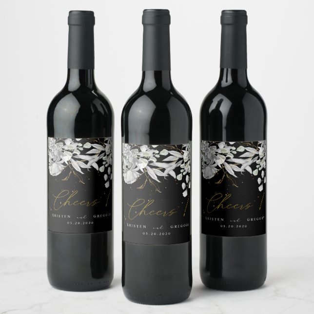 dramatic silver gold floral cheers wedding wine label (Bottles)