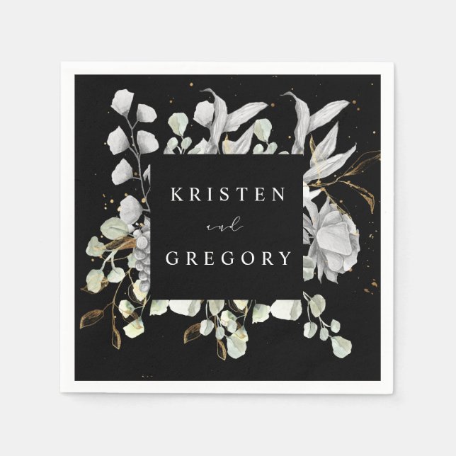 dramatic silver gold floral monogram wedding napkin (Front)