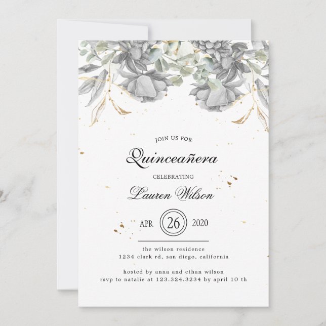dramatic silver gold floral Quinceanera Invitation (Front)