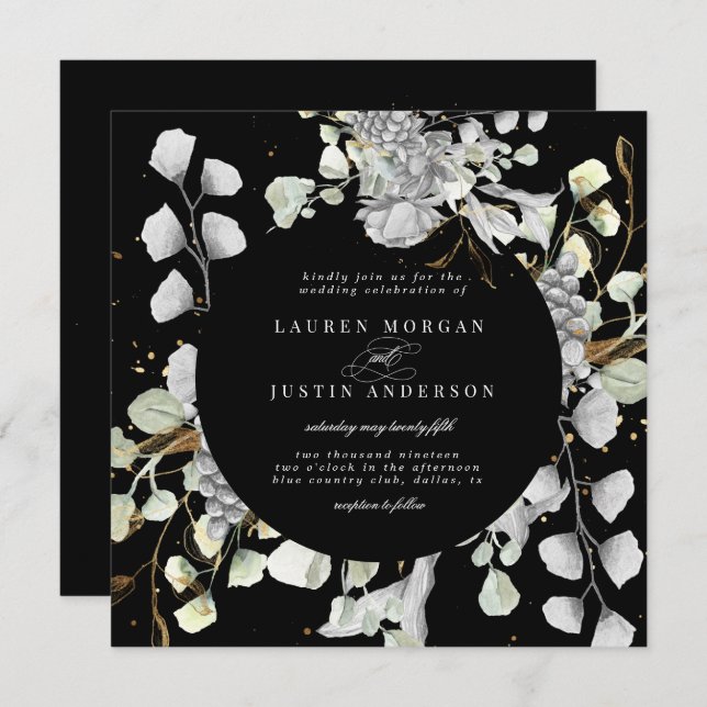 dramatic silver gold floral square Wedding Invitation (Front/Back)