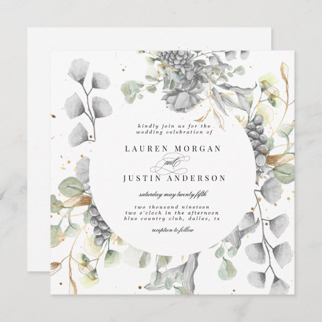 dramatic silver gold floral square Wedding Invitation (Front/Back)