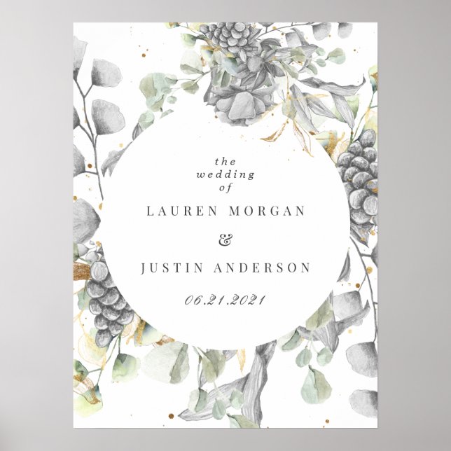 dramatic silver gold floral square Wedding Poster (Front)