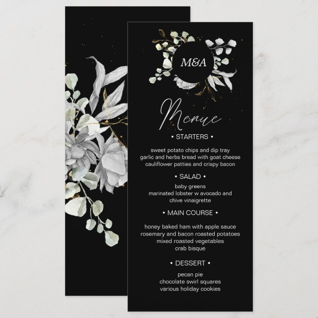 dramatic silver gold floral Wedding Dinner Menu Invitation (Front/Back)