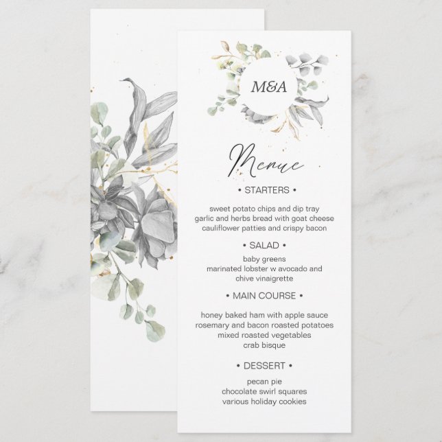 dramatic silver gold floral Wedding Dinner Menu Invitation (Front/Back)
