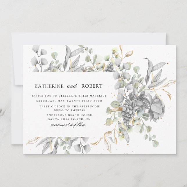 dramatic silver gold floral Wedding Invitation (Front)