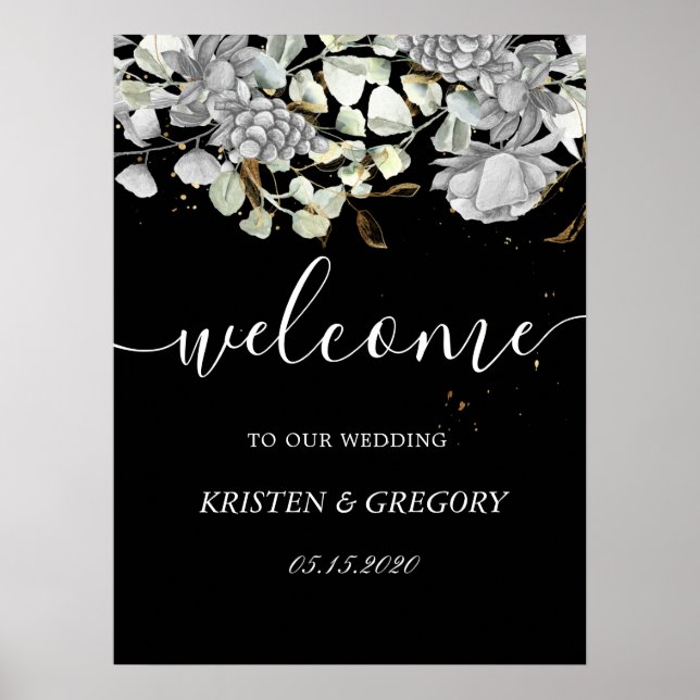 dramatic silver gold floral Wedding Welcome Poster (Front)