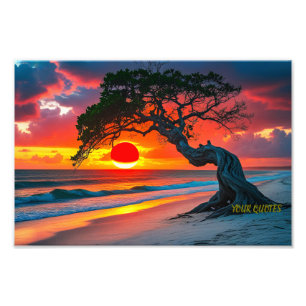 Dramatic Sunset Tree Over Ocean Beach Wall Art