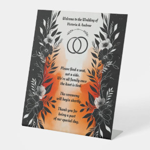 Dramatic Watercolor Black Orange Floral Wedding Pedestal Sign